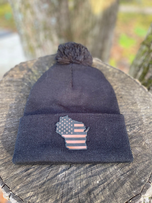 American Flag Wisconsin Cuff Beanie with PomPom