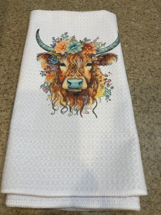 Highland Cow Floral Dish Towel